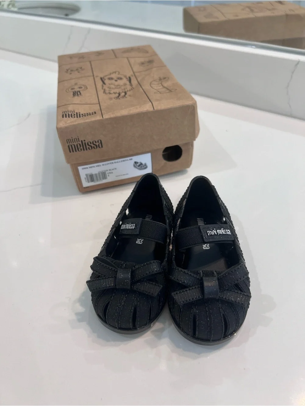 Mini Melissa Black Glitter Strappy Ballerina